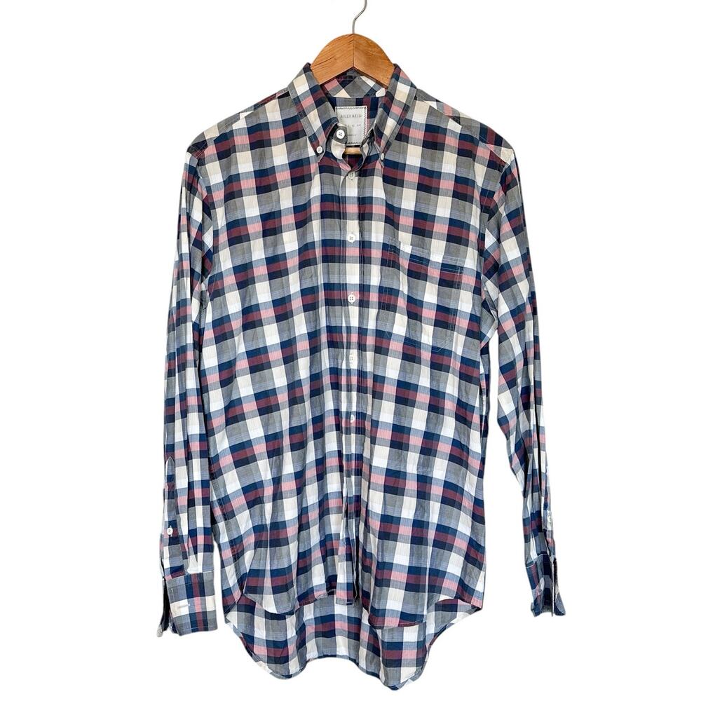 Billy Reid Plaid Check Long Sleeve Button Down Shirt Standard Fit Navy Medium